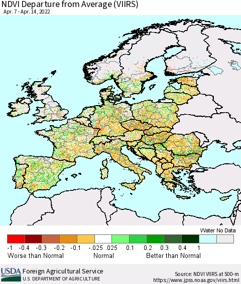 Europe NDVI Departure from Average (VIIRS) Thematic Map For 4/11/2022 - 4/20/2022