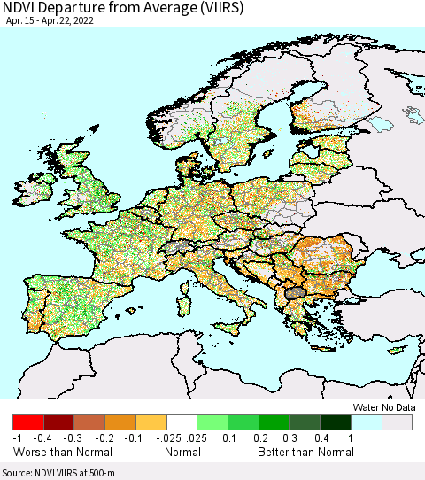 Europe NDVI Departure from Average (VIIRS) Thematic Map For 4/15/2022 - 4/22/2022