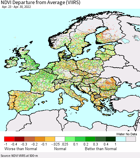 Europe NDVI Departure from Average (VIIRS) Thematic Map For 4/21/2022 - 4/30/2022