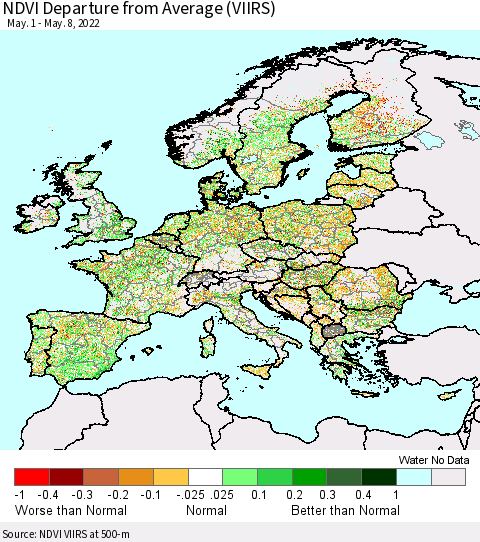 Europe NDVI Departure from Average (VIIRS) Thematic Map For 5/1/2022 - 5/8/2022