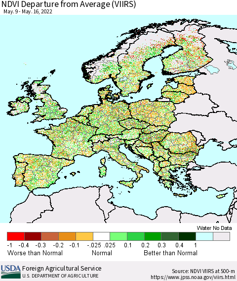 Europe NDVI Departure from Average (VIIRS) Thematic Map For 5/11/2022 - 5/20/2022
