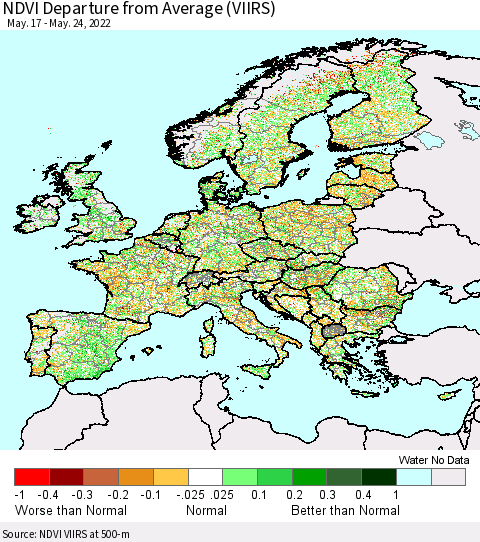 Europe NDVI Departure from Average (VIIRS) Thematic Map For 5/17/2022 - 5/24/2022