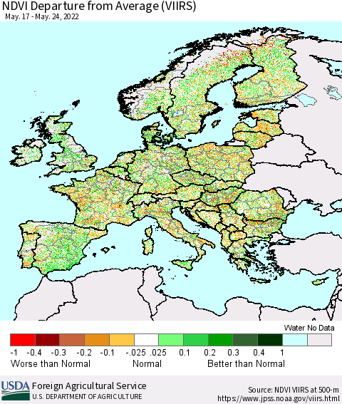 Europe NDVI Departure from Average (VIIRS) Thematic Map For 5/21/2022 - 5/31/2022