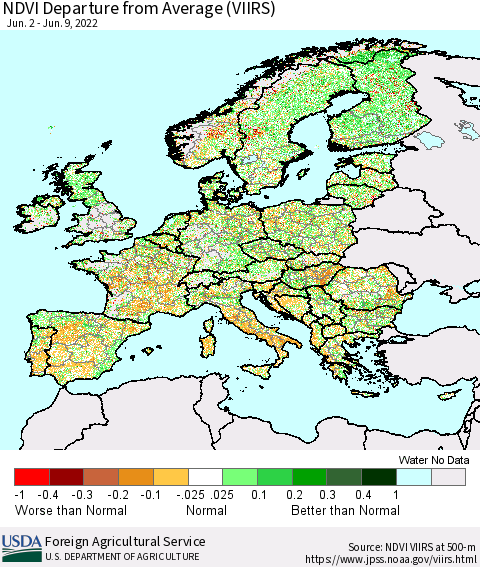 Europe NDVI Departure from Average (VIIRS) Thematic Map For 6/1/2022 - 6/10/2022