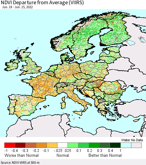 Europe NDVI Departure from Average (VIIRS) Thematic Map For 6/18/2022 - 6/25/2022