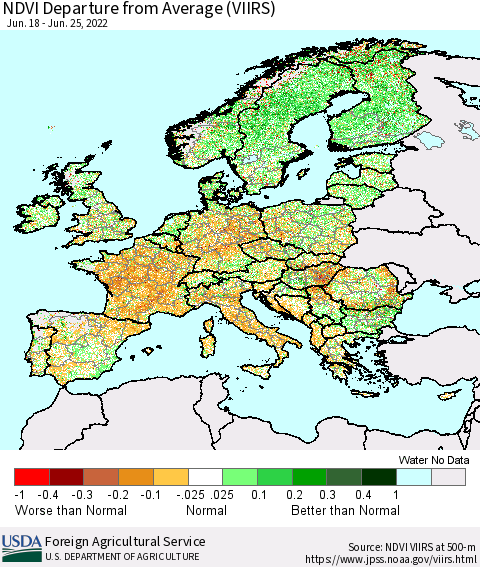 Europe NDVI Departure from Average (VIIRS) Thematic Map For 6/21/2022 - 6/30/2022