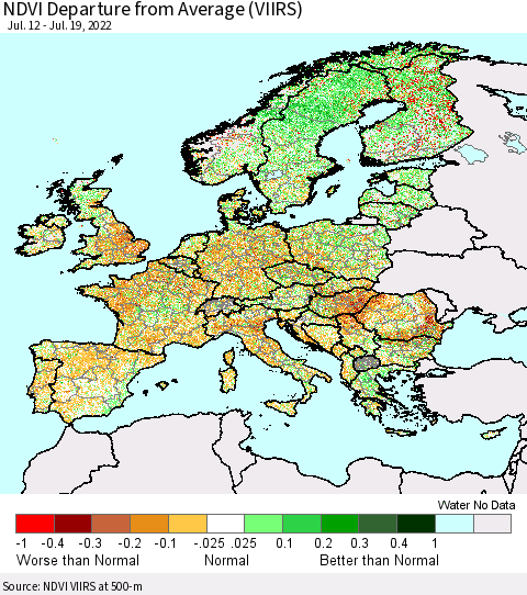 Europe NDVI Departure from Average (VIIRS) Thematic Map For 7/12/2022 - 7/19/2022