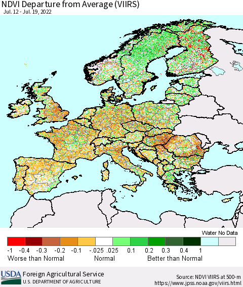 Europe NDVI Departure from Average (VIIRS) Thematic Map For 7/11/2022 - 7/20/2022