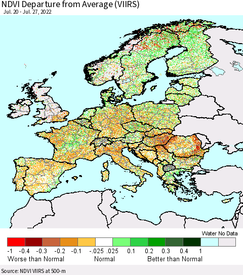 Europe NDVI Departure from Average (VIIRS) Thematic Map For 7/20/2022 - 7/27/2022