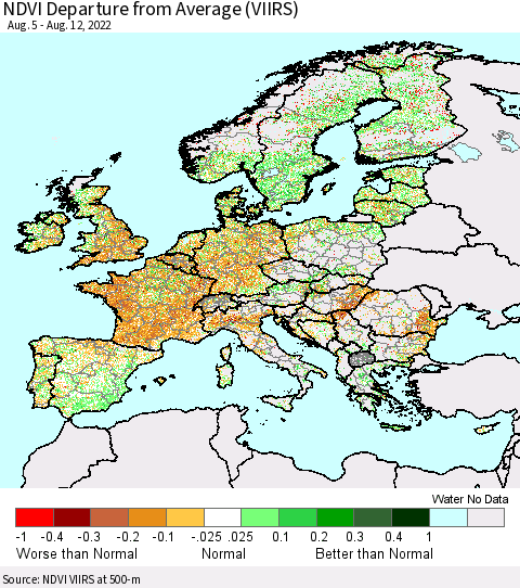 Europe NDVI Departure from Average (VIIRS) Thematic Map For 8/5/2022 - 8/12/2022