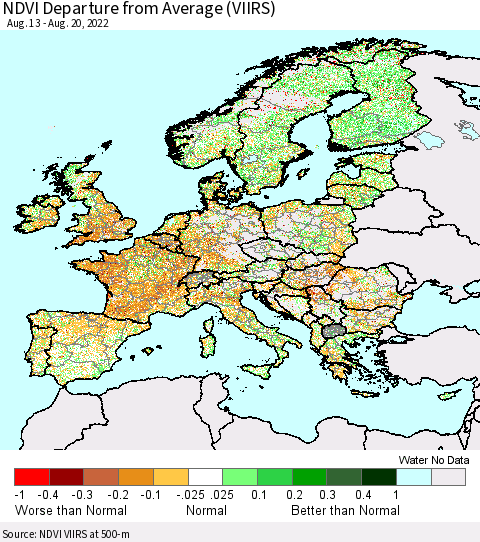 Europe NDVI Departure from Average (VIIRS) Thematic Map For 8/11/2022 - 8/20/2022