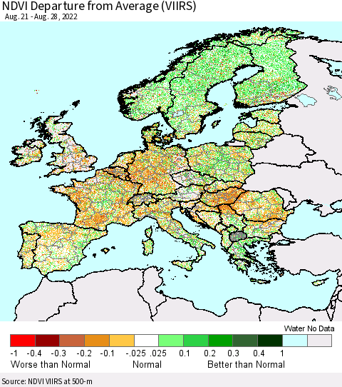Europe NDVI Departure from Average (VIIRS) Thematic Map For 8/21/2022 - 8/28/2022