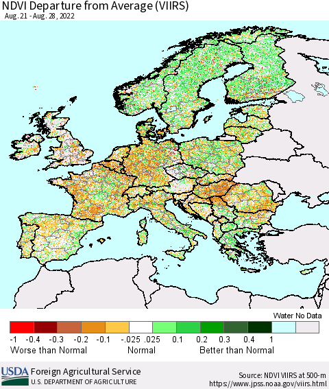Europe NDVI Departure from Average (VIIRS) Thematic Map For 8/21/2022 - 8/31/2022