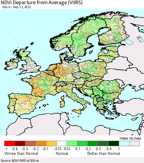 Europe NDVI Departure from Average (VIIRS) Thematic Map For 9/6/2022 - 9/13/2022