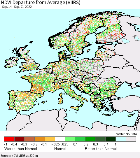 Europe NDVI Departure from Average (VIIRS) Thematic Map For 9/14/2022 - 9/21/2022