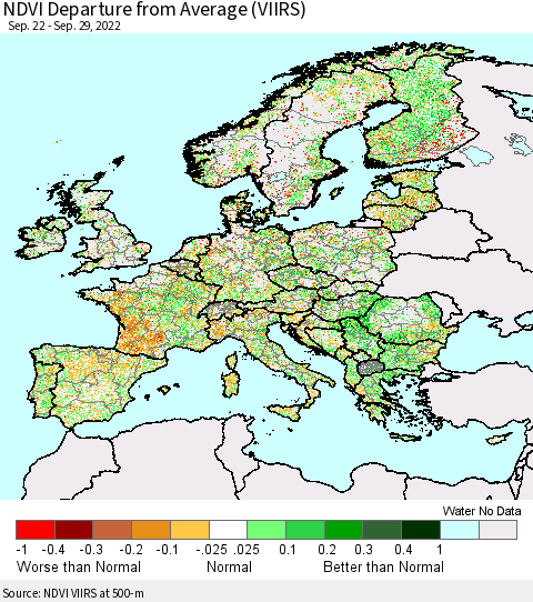 Europe NDVI Departure from Average (VIIRS) Thematic Map For 9/22/2022 - 9/29/2022
