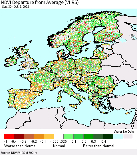 Europe NDVI Departure from Average (VIIRS) Thematic Map For 9/30/2022 - 10/7/2022