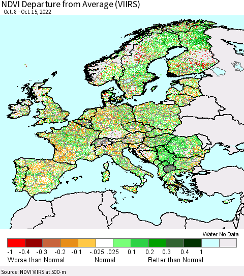 Europe NDVI Departure from Average (VIIRS) Thematic Map For 10/8/2022 - 10/15/2022