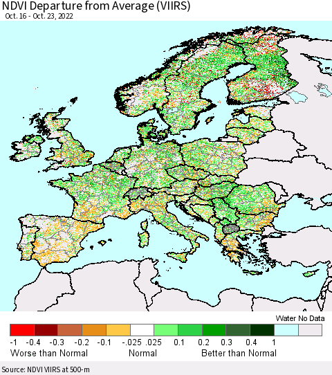 Europe NDVI Departure from Average (VIIRS) Thematic Map For 10/16/2022 - 10/23/2022
