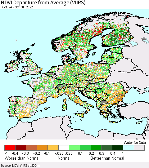 Europe NDVI Departure from Average (VIIRS) Thematic Map For 10/24/2022 - 10/31/2022