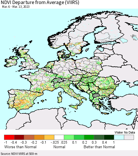 Europe NDVI Departure from Average (VIIRS) Thematic Map For 3/6/2023 - 3/13/2023