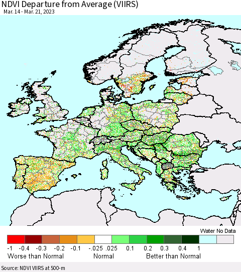 Europe NDVI Departure from Average (VIIRS) Thematic Map For 3/14/2023 - 3/21/2023