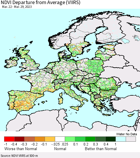 Europe NDVI Departure from Average (VIIRS) Thematic Map For 3/22/2023 - 3/29/2023