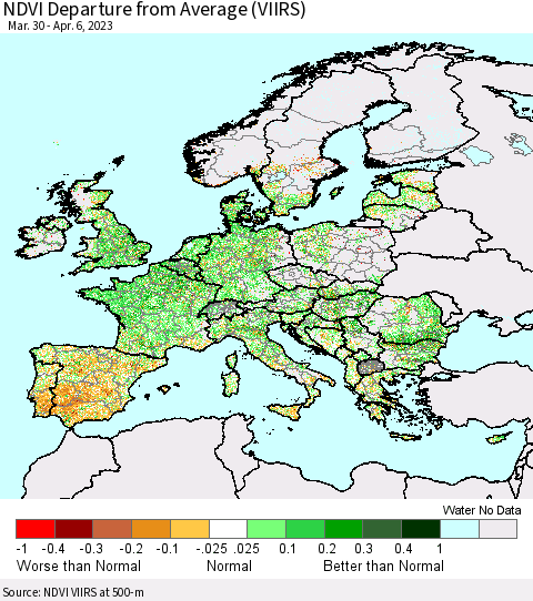 Europe NDVI Departure from Average (VIIRS) Thematic Map For 3/30/2023 - 4/6/2023