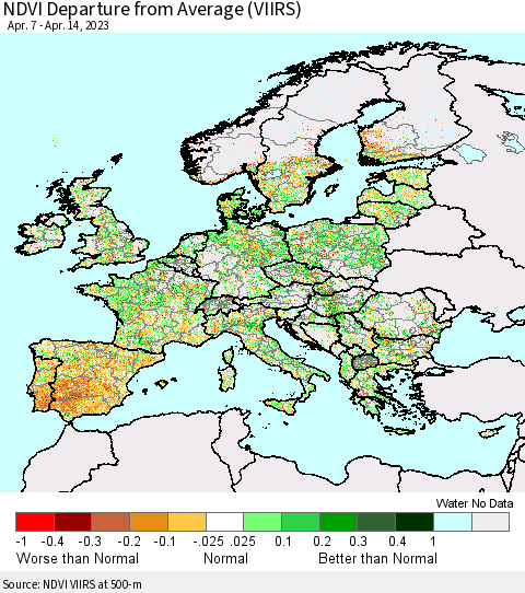 Europe NDVI Departure from Average (VIIRS) Thematic Map For 4/7/2023 - 4/14/2023