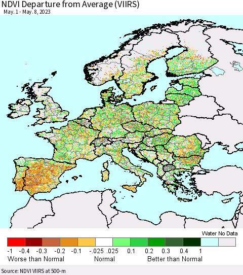 Europe NDVI Departure from Average (VIIRS) Thematic Map For 5/1/2023 - 5/8/2023