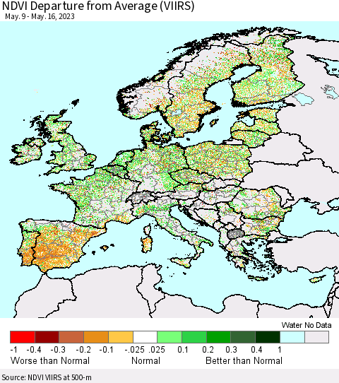Europe NDVI Departure from Average (VIIRS) Thematic Map For 5/9/2023 - 5/16/2023