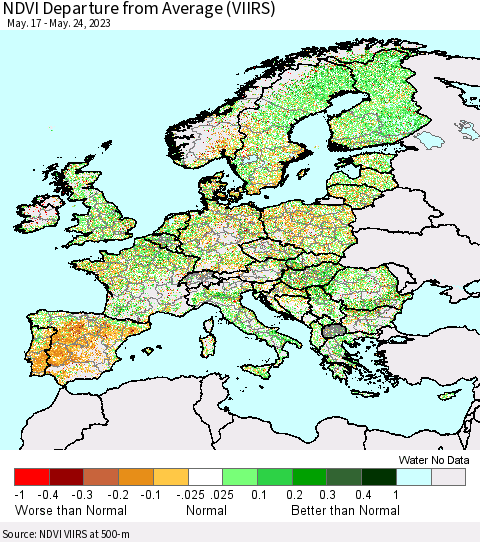 Europe NDVI Departure from Average (VIIRS) Thematic Map For 5/17/2023 - 5/24/2023