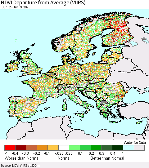 Europe NDVI Departure from Average (VIIRS) Thematic Map For 6/2/2023 - 6/9/2023