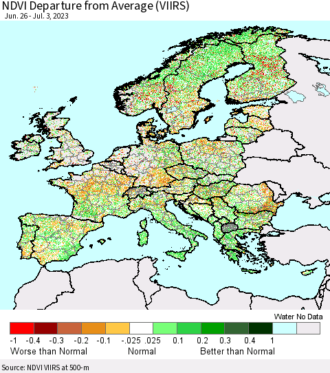 Europe NDVI Departure from Average (VIIRS) Thematic Map For 6/26/2023 - 7/3/2023
