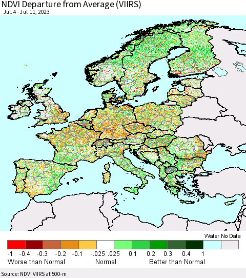 Europe NDVI Departure from Average (VIIRS) Thematic Map For 7/4/2023 - 7/11/2023