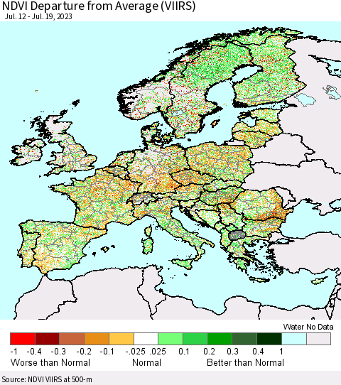 Europe NDVI Departure from Average (VIIRS) Thematic Map For 7/12/2023 - 7/19/2023