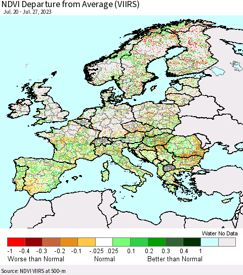 Europe NDVI Departure from Average (VIIRS) Thematic Map For 7/20/2023 - 7/27/2023