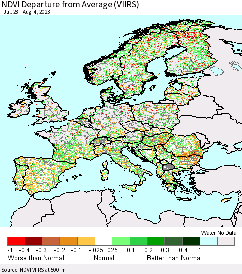 Europe NDVI Departure from Average (VIIRS) Thematic Map For 7/28/2023 - 8/4/2023