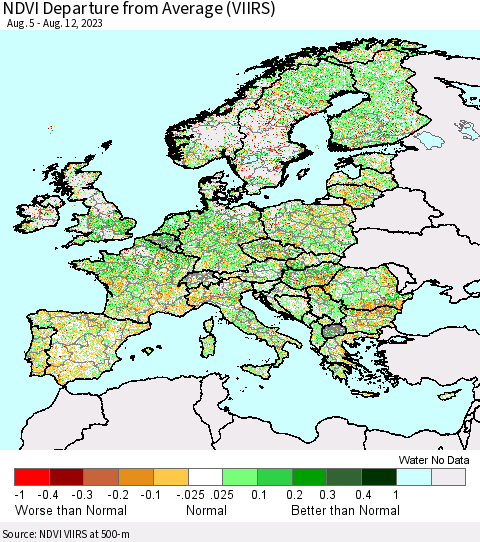 Europe NDVI Departure from Average (VIIRS) Thematic Map For 8/5/2023 - 8/12/2023