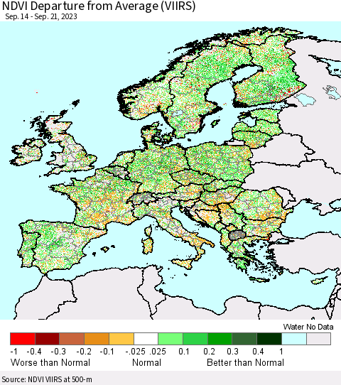 Europe NDVI Departure from Average (VIIRS) Thematic Map For 9/14/2023 - 9/21/2023