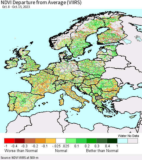Europe NDVI Departure from Average (VIIRS) Thematic Map For 10/8/2023 - 10/15/2023