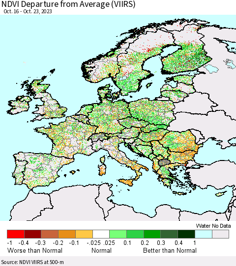 Europe NDVI Departure from Average (VIIRS) Thematic Map For 10/16/2023 - 10/23/2023