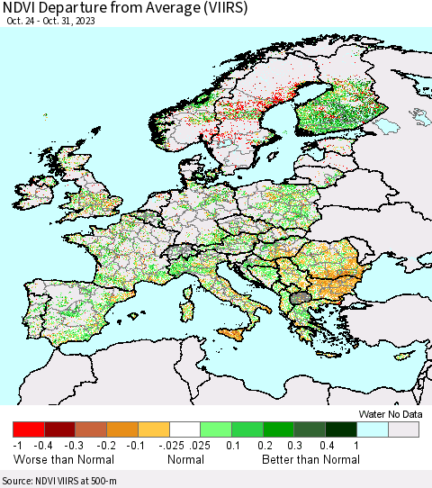 Europe NDVI Departure from Average (VIIRS) Thematic Map For 10/24/2023 - 10/31/2023