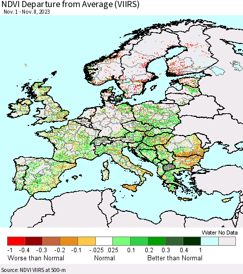 Europe NDVI Departure from Average (VIIRS) Thematic Map For 11/1/2023 - 11/8/2023