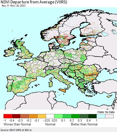 Europe NDVI Departure from Average (VIIRS) Thematic Map For 11/9/2023 - 11/16/2023