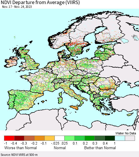 Europe NDVI Departure from Average (VIIRS) Thematic Map For 11/17/2023 - 11/24/2023