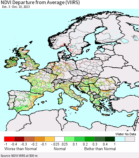 Europe NDVI Departure from Average (VIIRS) Thematic Map For 12/3/2023 - 12/10/2023