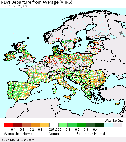 Europe NDVI Departure from Average (VIIRS) Thematic Map For 12/19/2023 - 12/26/2023