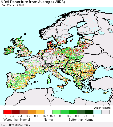 Europe NDVI Departure from Average (VIIRS) Thematic Map For 12/27/2023 - 1/3/2024