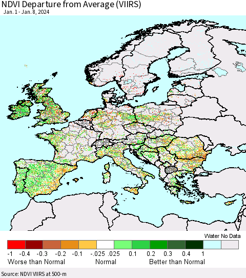 Europe NDVI Departure from Average (VIIRS) Thematic Map For 1/1/2024 - 1/8/2024